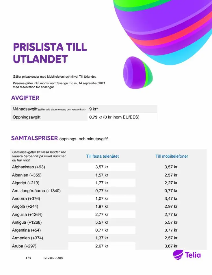 Prislista Till utlandet - 1/9